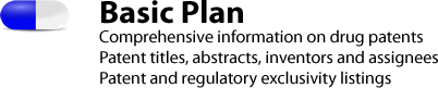 Basic plan: Comprehensive information on drug patents; Patent titles, abstracts, inventors and assignees; Patent and regulatory exclusivity listings