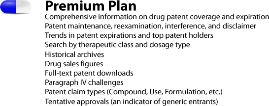 Premium plan: Patent maintenance, reexamination, interference and disclaimer; Trends in patent expirations and top patent holders; Search by therapeutic class and dosage type; Historical archives; Drug sales figures; Full-text patent downloads; Paragraph IV challanges; Drug patent claims; Tentative approvals (may indicate generic entrants)